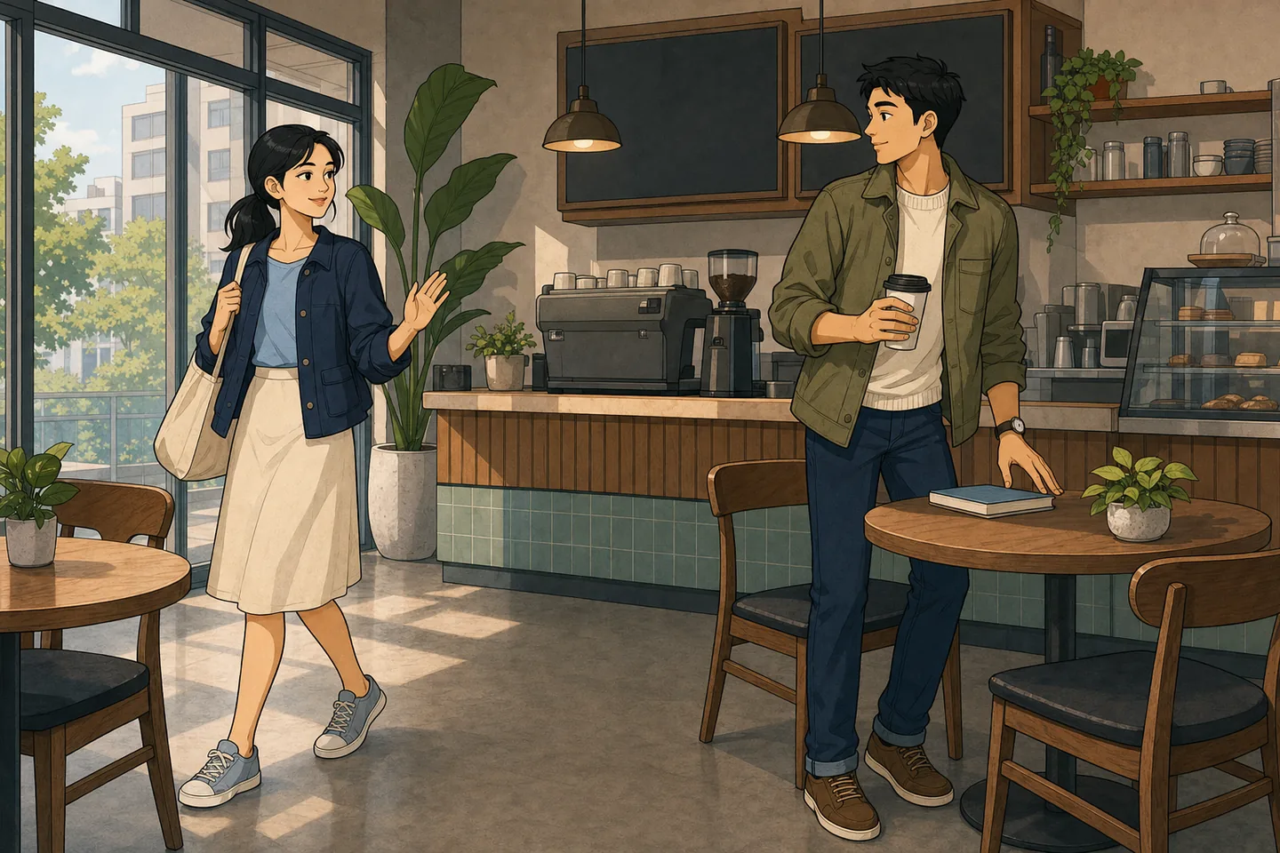 Yuna and Jiho meeting for the first time in a school café